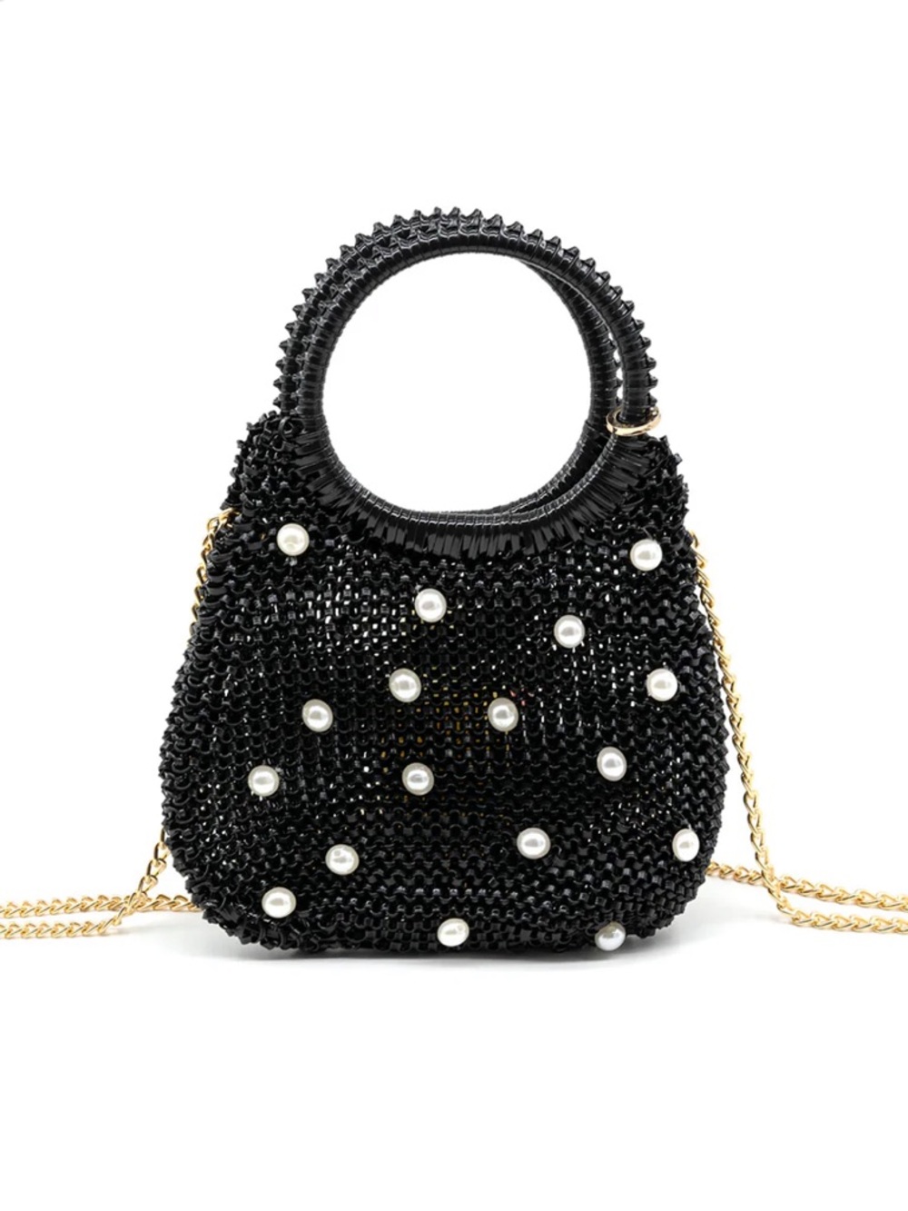 BC BAGS Black Beaded Pearl Evening Bag Statement Handle Gold Chain Crossbody